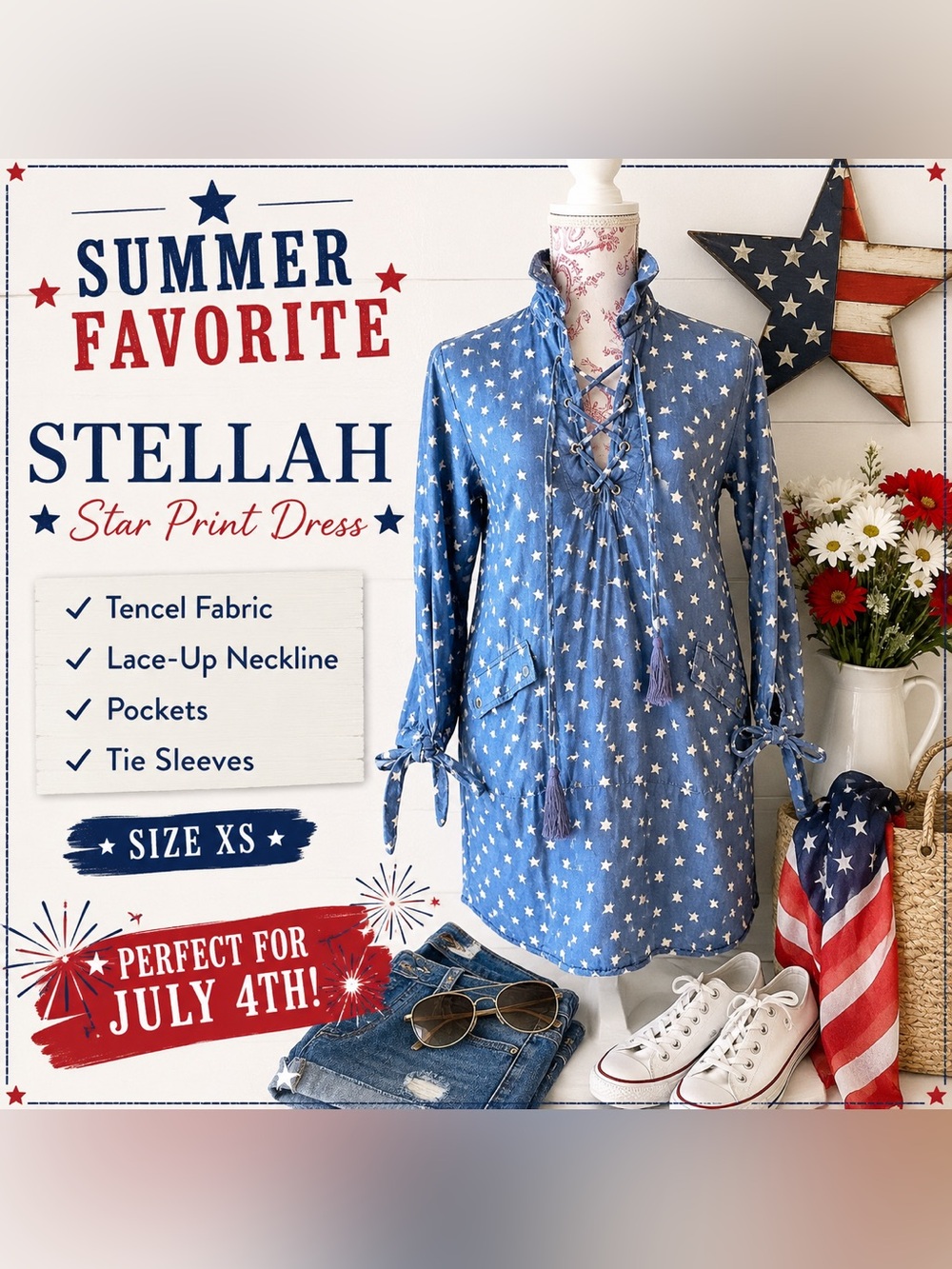 Stellah Chambray Blue Star Print Shirt Dress XS Lace-Up Tencel Pockets July 4th